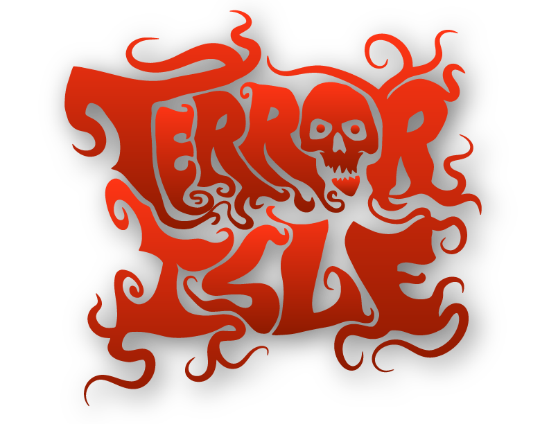 Terror Isle" text with a skull design and flame-like details in vibrant red.